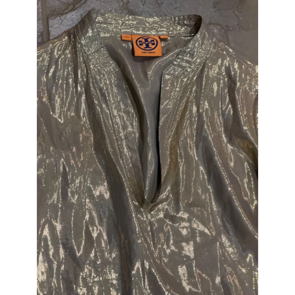 Tory Burch caspian Lame Metallic Silk Blend V-Neck Tunic Blouse Womens 6 s m